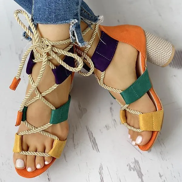 Kimemoda Colourblock Lace-up Sandals Chunky Block Heel Open Toe Sandals