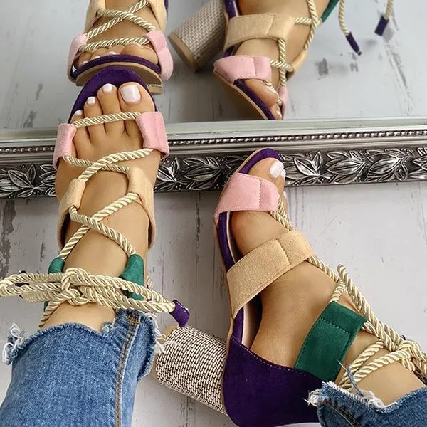 Kimemoda Colourblock Lace-up Sandals Chunky Block Heel Open Toe Sandals