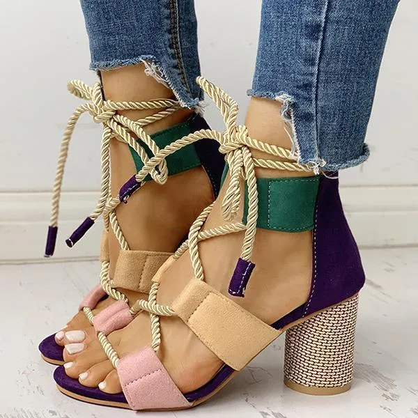 Kimemoda Colourblock Lace-up Sandals Chunky Block Heel Open Toe Sandals