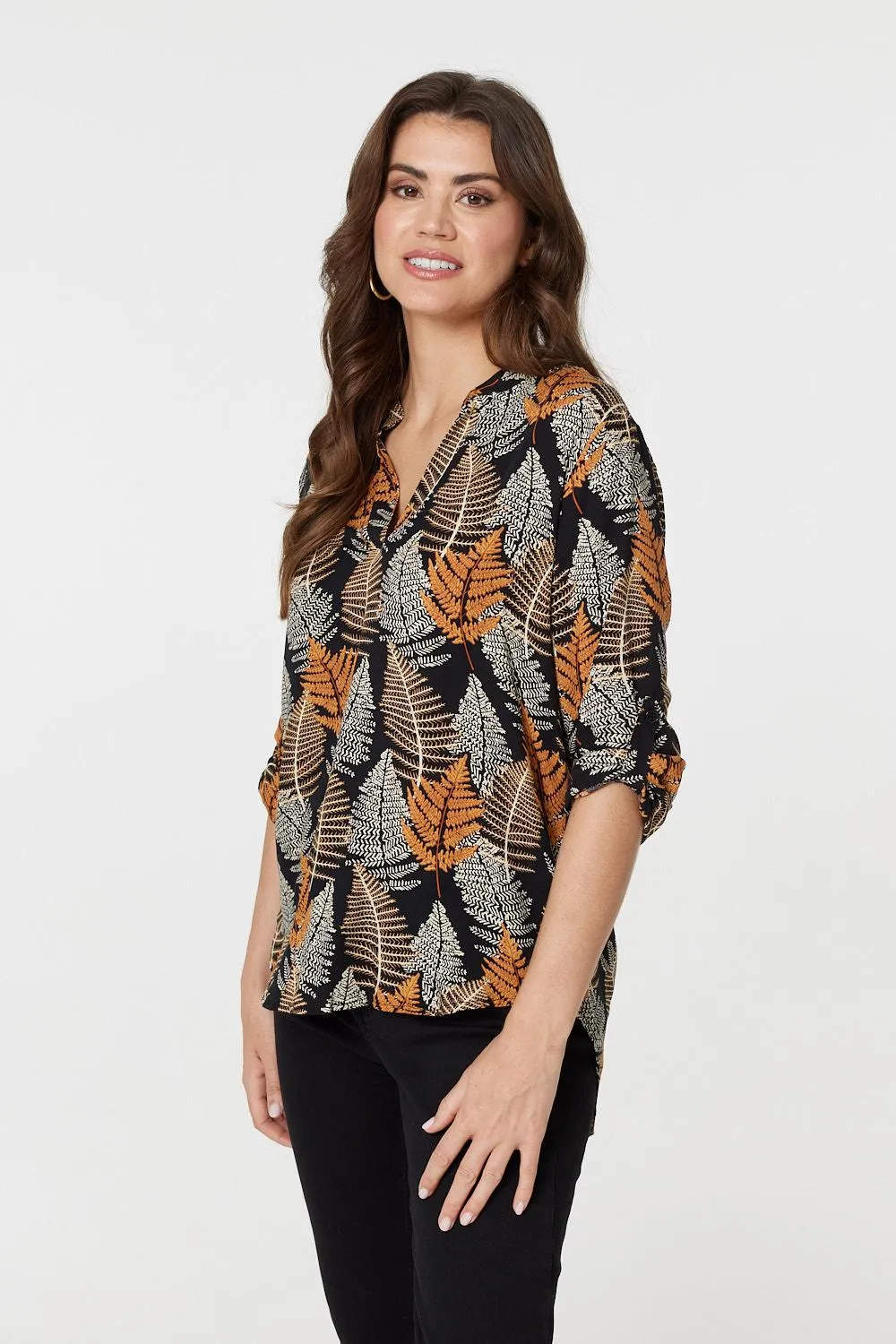 Leaf Print Turn-Up Sleeve Blouse