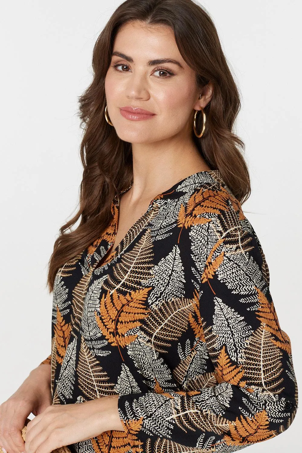 Leaf Print Turn-Up Sleeve Blouse