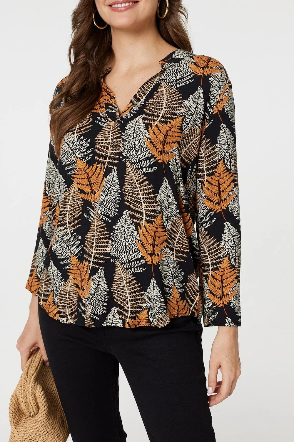 Leaf Print Turn-Up Sleeve Blouse