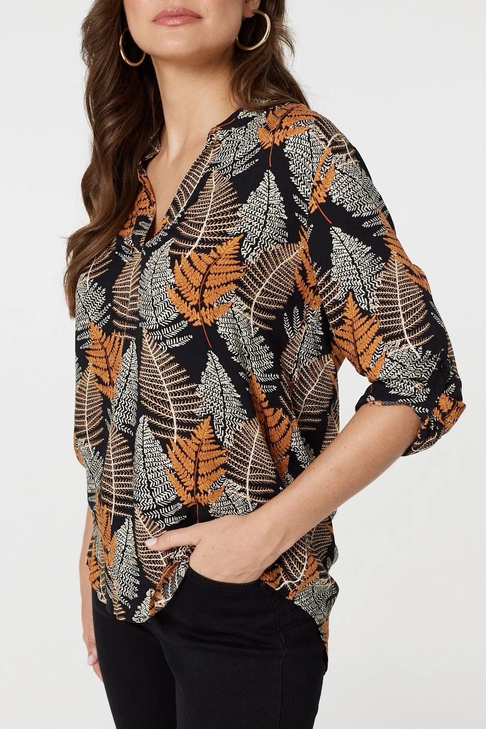 Leaf Print Turn-Up Sleeve Blouse