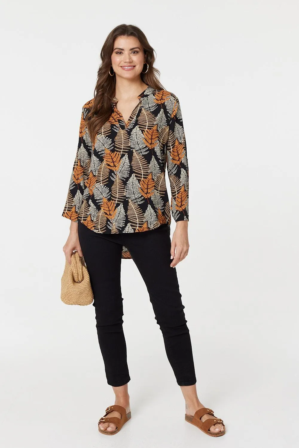 Leaf Print Turn-Up Sleeve Blouse