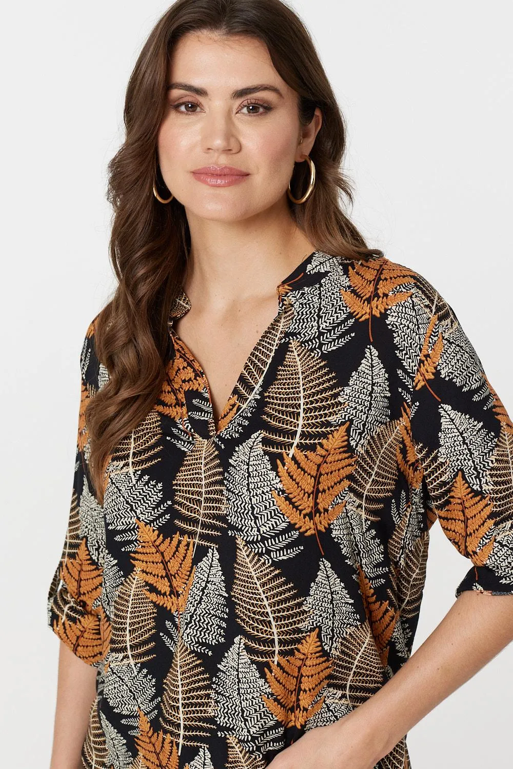Leaf Print Turn-Up Sleeve Blouse