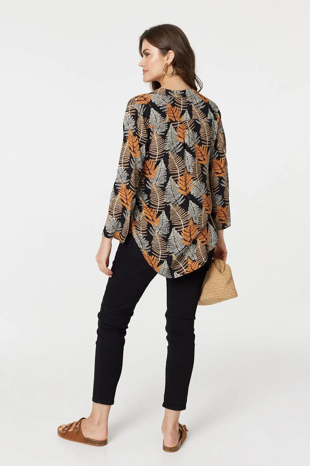 Leaf Print Turn-Up Sleeve Blouse