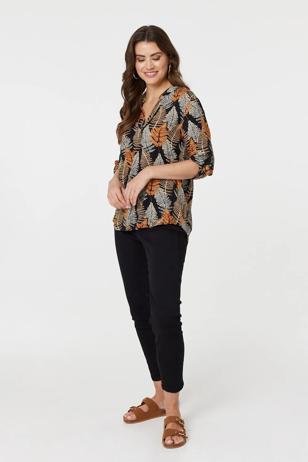 Leaf Print Turn-Up Sleeve Blouse
