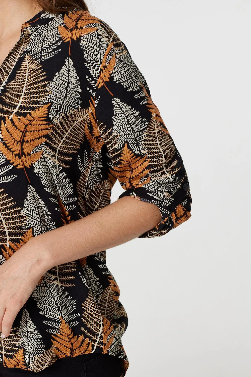 Leaf Print Turn-Up Sleeve Blouse