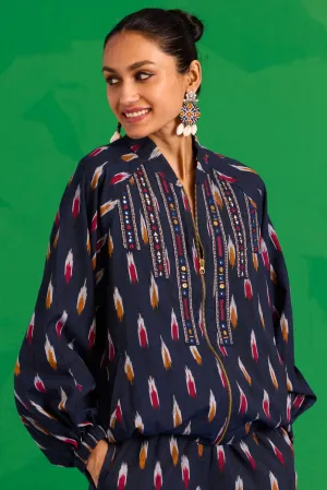 Okhai “Kalinga” Hand-Embroidered Tikki and Mirror work Ikkat Pure Cotton Bomber Jacket
