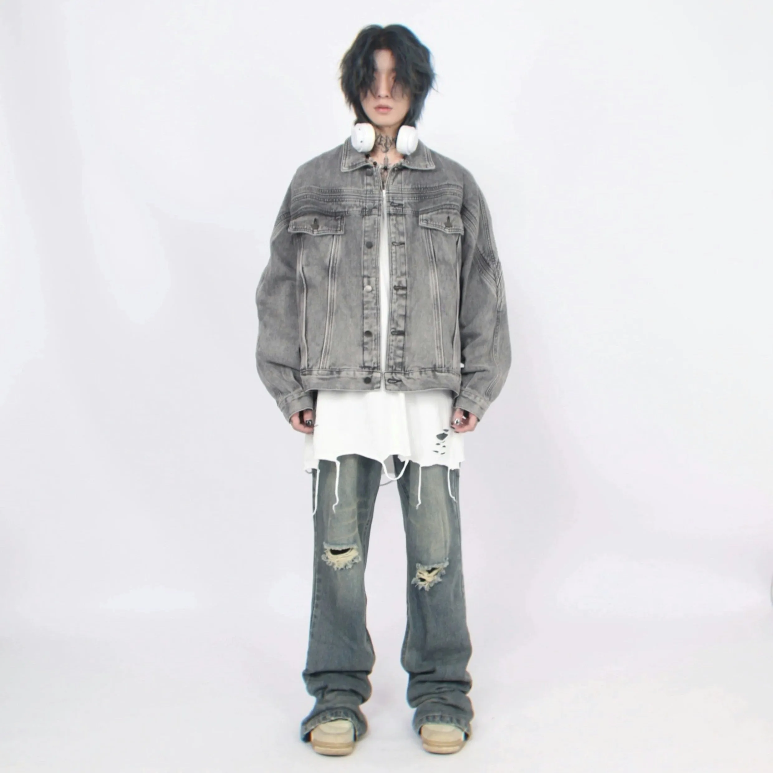 Oversized Charcoal-Wash Faded Denim Jacket