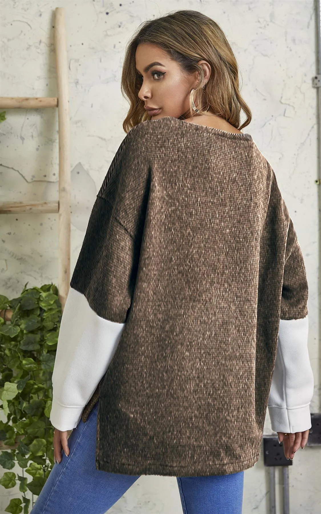 Oversized Grey & White Block Colour Top In Brown