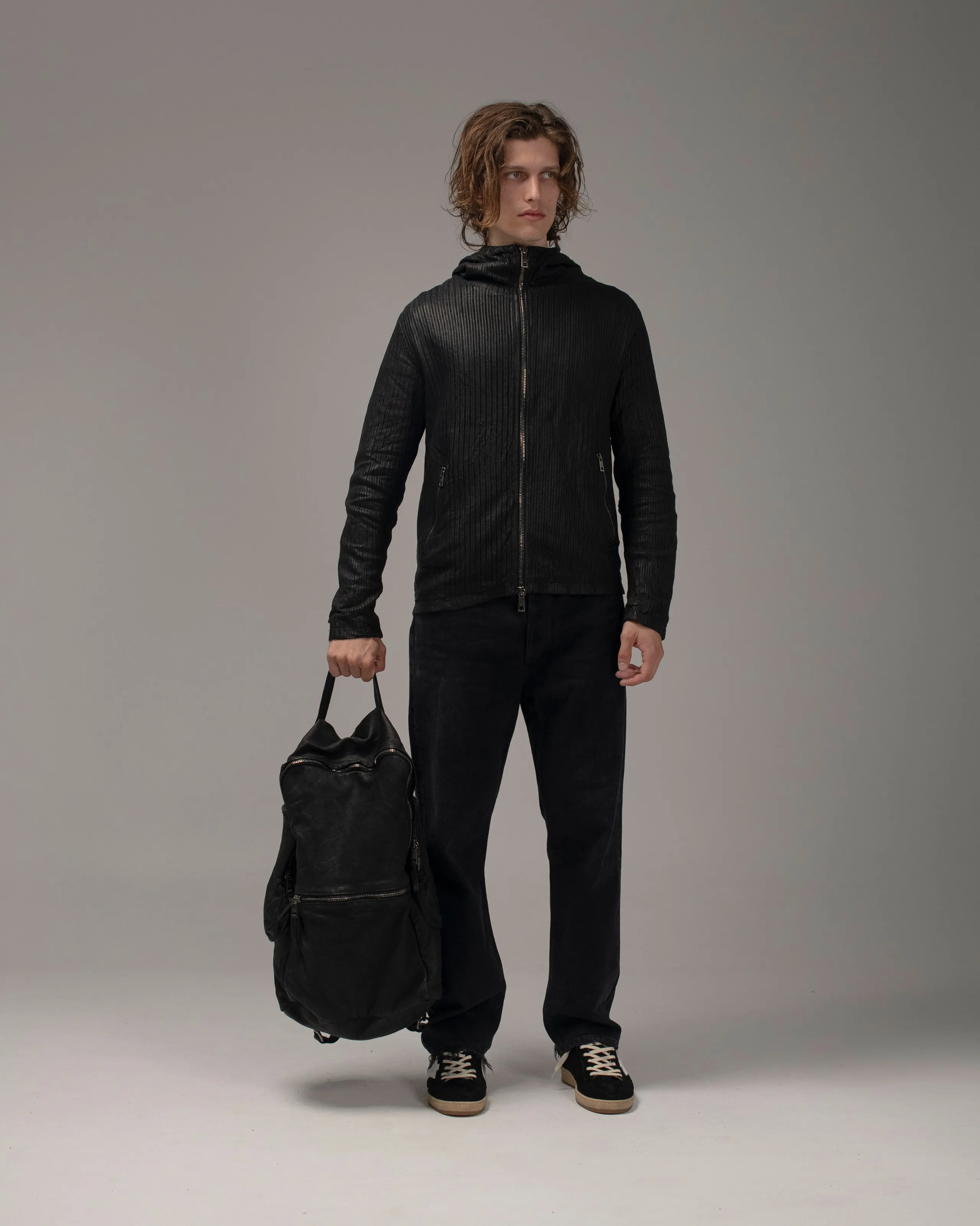 Perforated Leather Hooded Jacket Nero