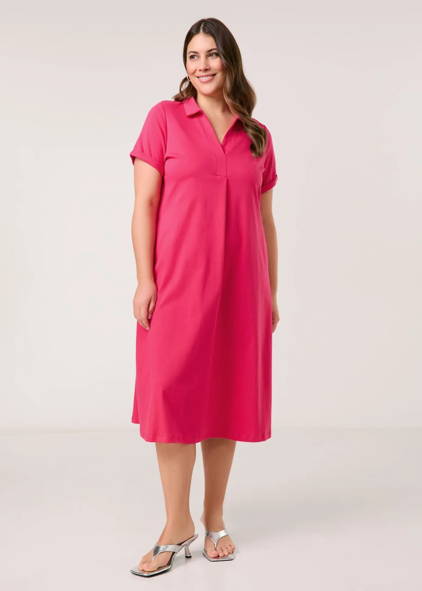 Samoon Polo Collar Short Sleeve Midi Dress in Barberry Red