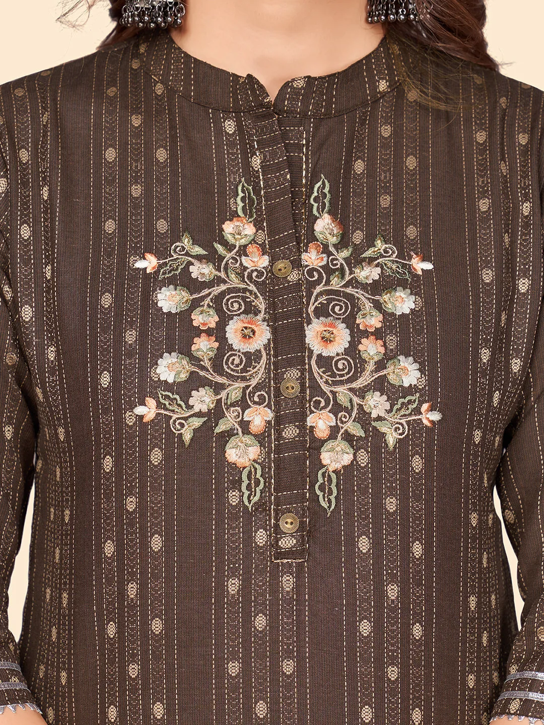 Women'S Print & Embroidered Straight Cotton Blend Brown Stitched Kurta Pant With Dupatta