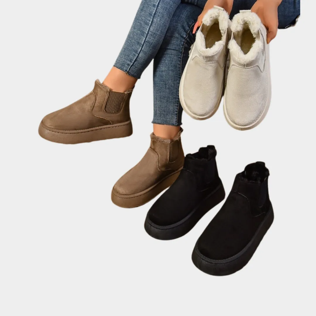 Womens Short Plush Warm Chelsea Boots - Winter Suede Fur Ankle Platform Flats, Beige, Black,  and More