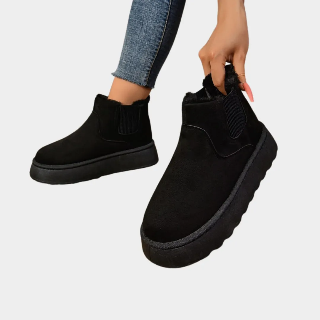 Womens Short Plush Warm Chelsea Boots - Winter Suede Fur Ankle Platform Flats, Beige, Black,  and More