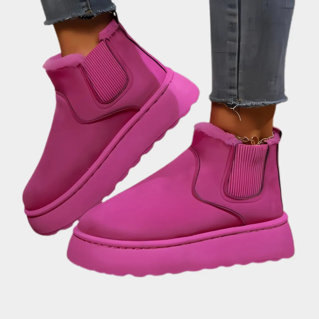 Womens Short Plush Warm Chelsea Boots - Winter Suede Fur Ankle Platform Flats, Beige, Black,  and More