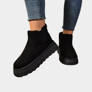 Womens Short Plush Warm Chelsea Boots - Winter Suede Fur Ankle Platform Flats, Beige, Black,  and More