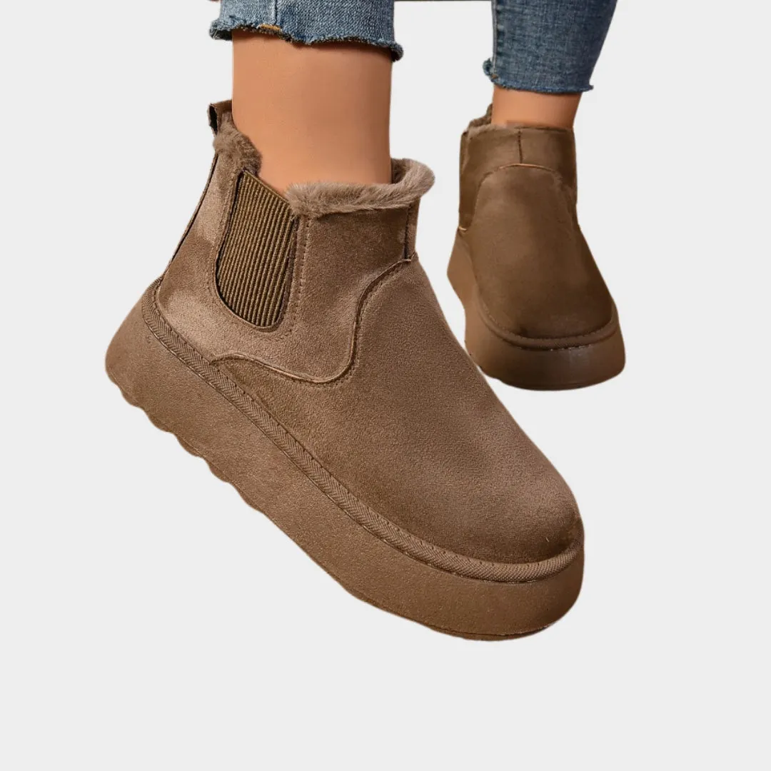 Womens Short Plush Warm Chelsea Boots - Winter Suede Fur Ankle Platform Flats, Beige, Black,  and More