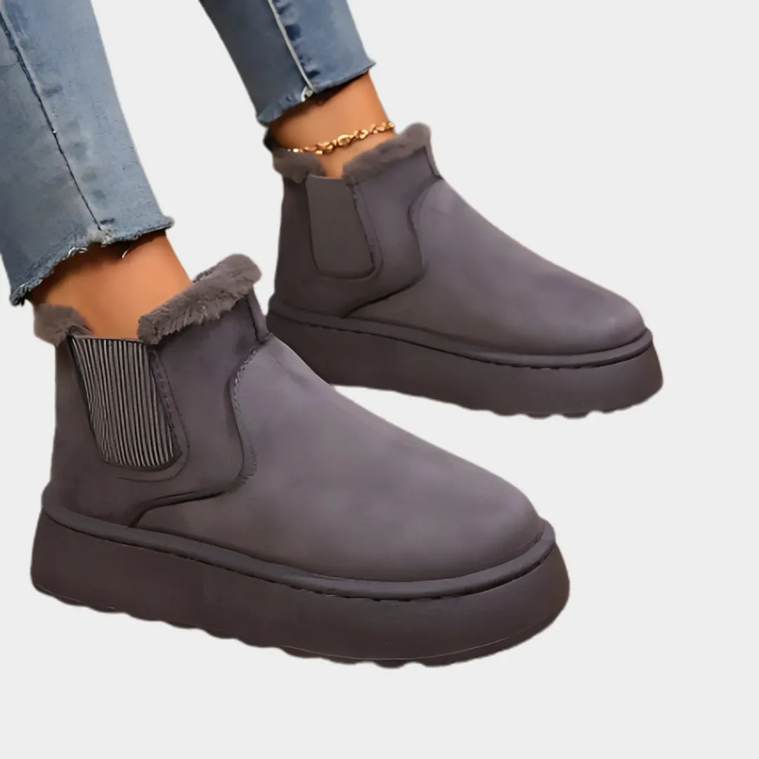 Womens Short Plush Warm Chelsea Boots - Winter Suede Fur Ankle Platform Flats, Beige, Black,  and More