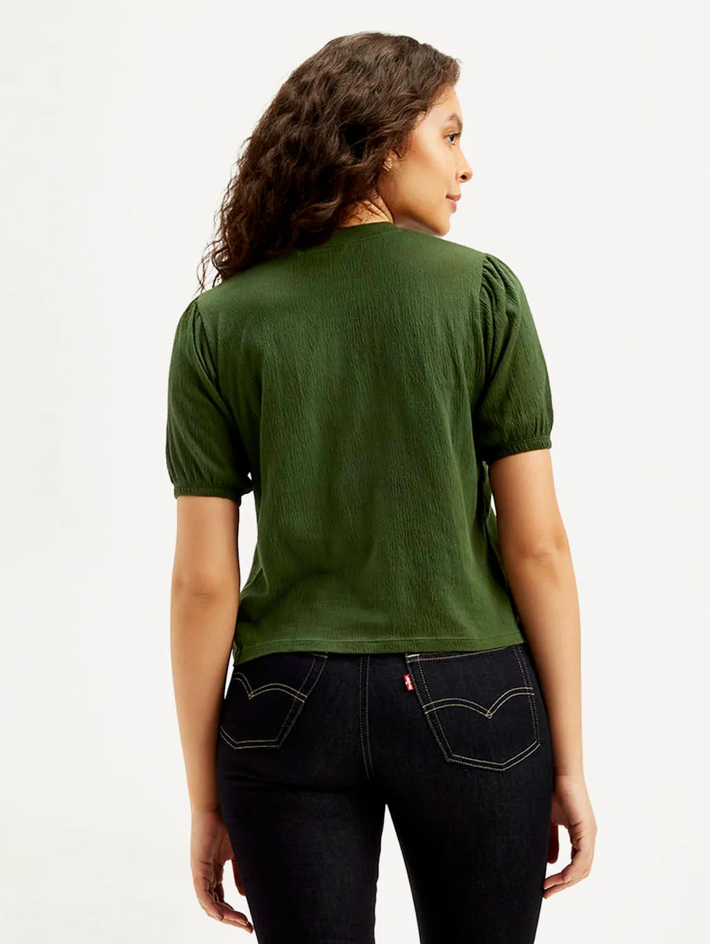 Women's Textured Green Crew Neck Top
