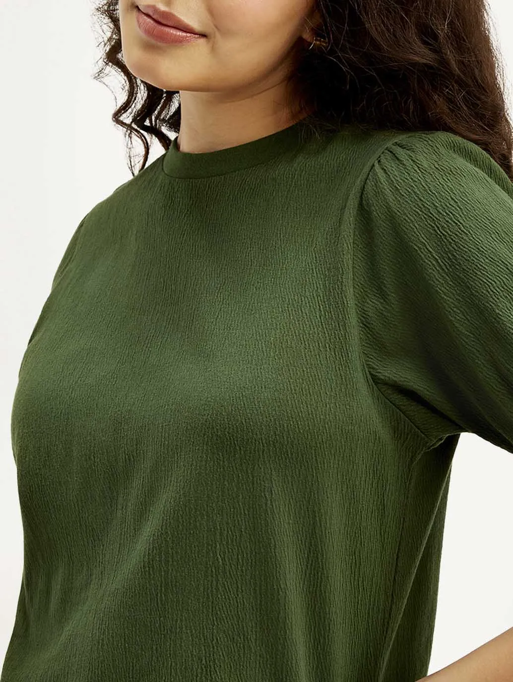 Women's Textured Green Crew Neck Top
