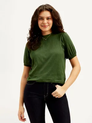 Women's Textured Green Crew Neck Top