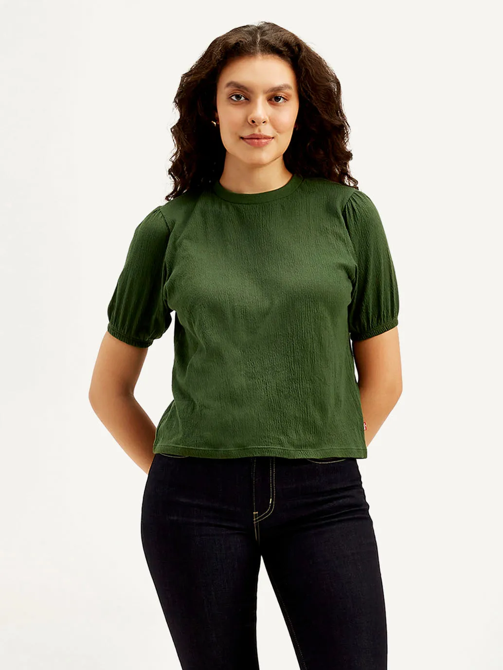 Women's Textured Green Crew Neck Top